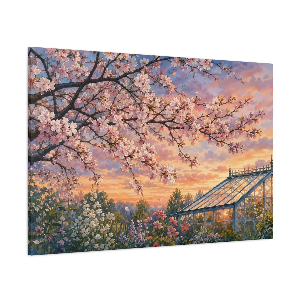 Side Mockup 1. Floral Cherry Blossoms Pastel Floral Landscape shown as stretched canvas wall art