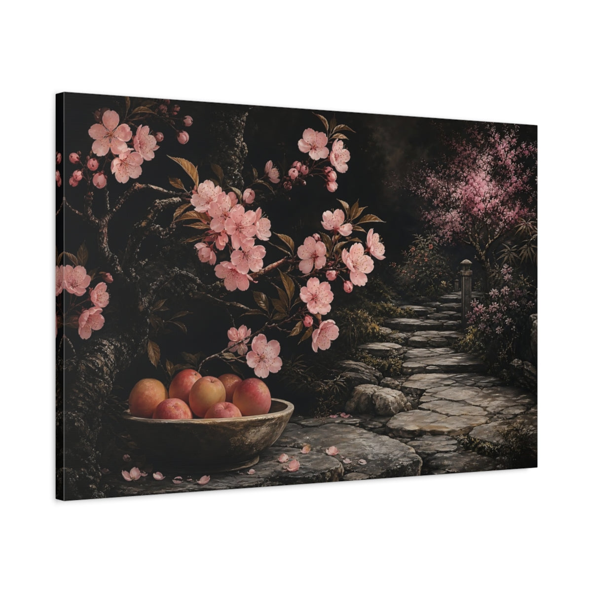 Main Mockup. Floral Cherry Blossoms Pink And Dark shown as stretched canvas wall art