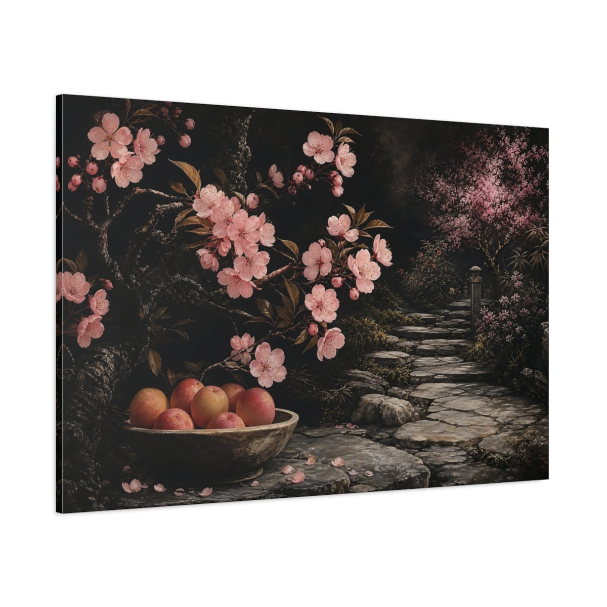 Side Mockup 1. Floral Cherry Blossoms Pink And Dark shown as stretched canvas wall art