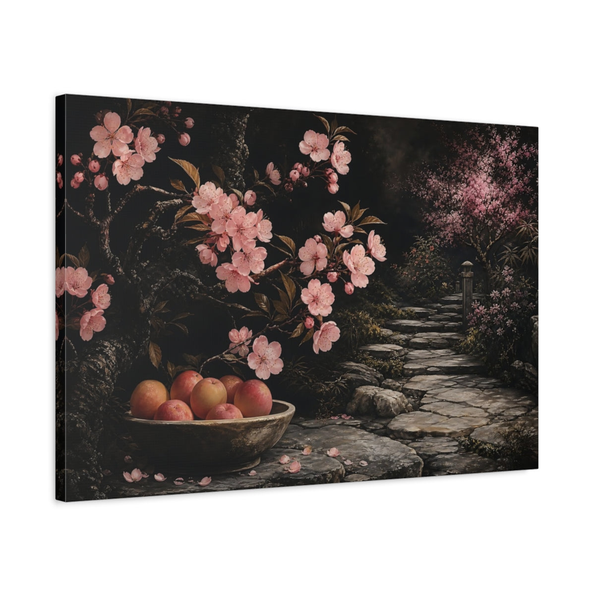 Side Mockup 2. Floral Cherry Blossoms Pink And Dark shown as stretched canvas wall art