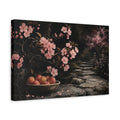 Side Mockup 4. Floral Cherry Blossoms Pink And Dark shown as stretched canvas wall art