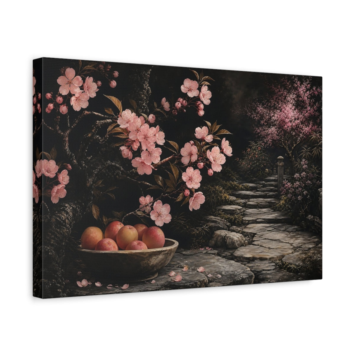 Side Mockup 4. Floral Cherry Blossoms Pink And Dark shown as stretched canvas wall art
