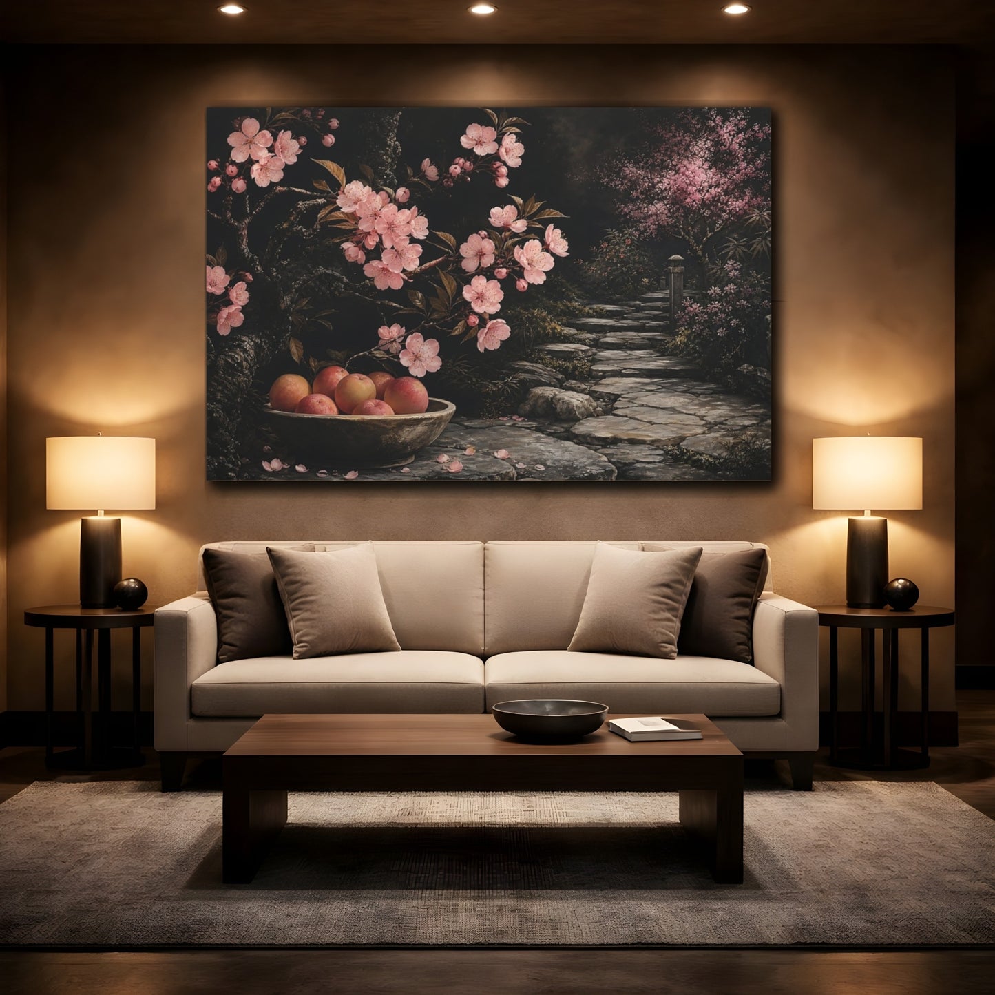 Mockup 2. Floral Cherry Blossoms Pink And Dark shown as stretched canvas wall art