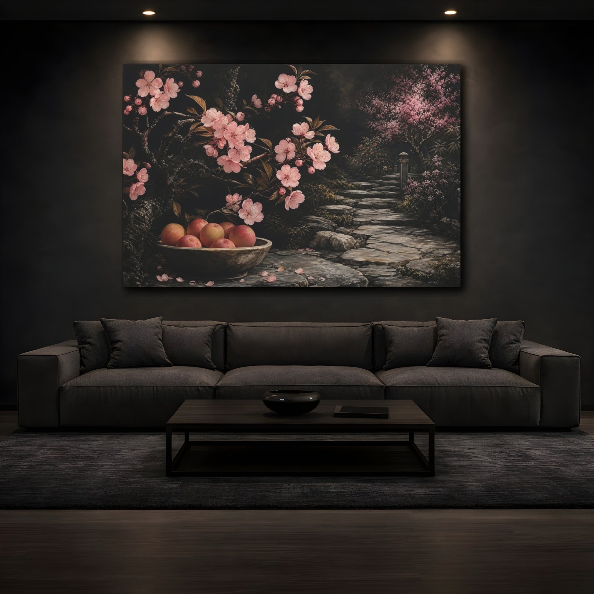 Mockup 3. Floral Cherry Blossoms Pink And Dark shown as stretched canvas wall art