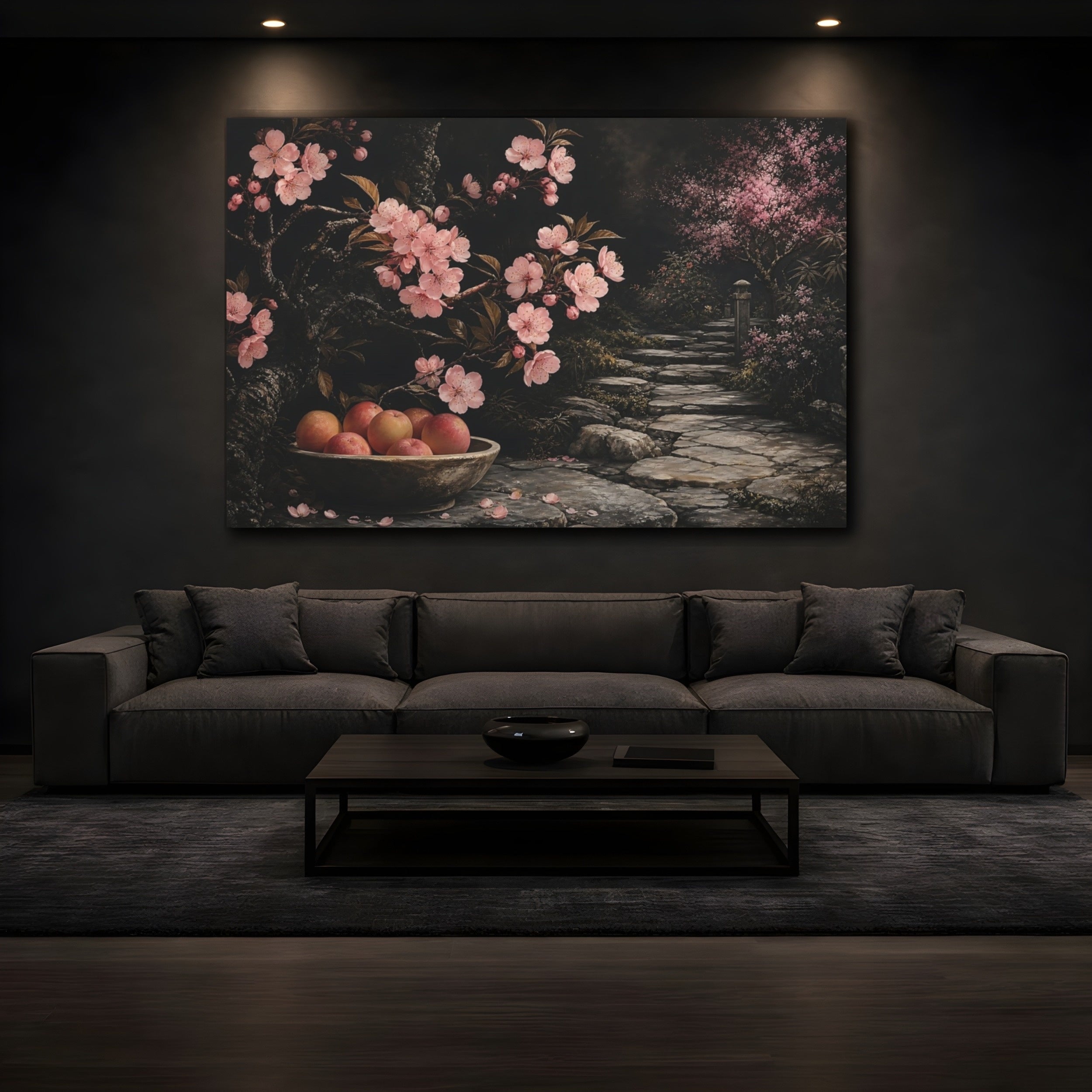 Mockup 3. Floral Cherry Blossoms Pink And Dark shown as stretched canvas wall art