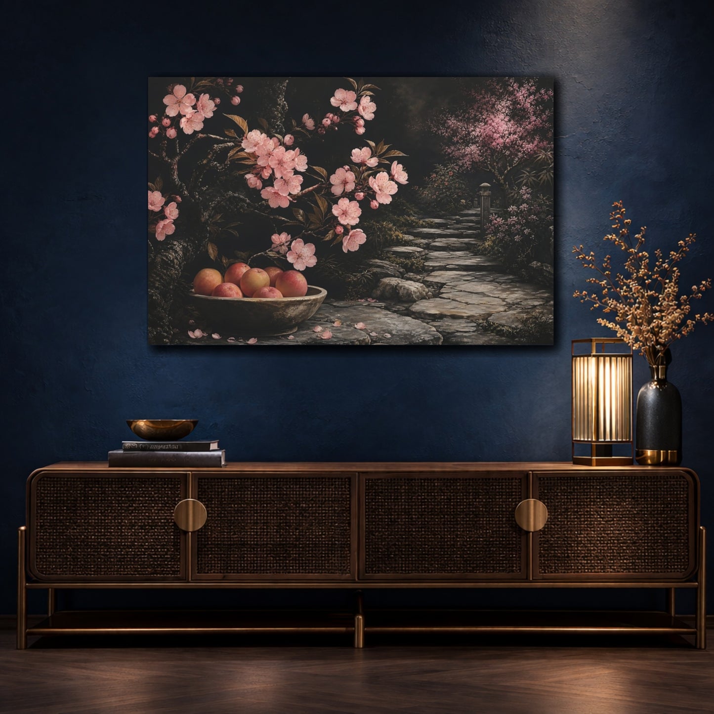 Mockup 4. Floral Cherry Blossoms Pink And Dark shown as stretched canvas wall art