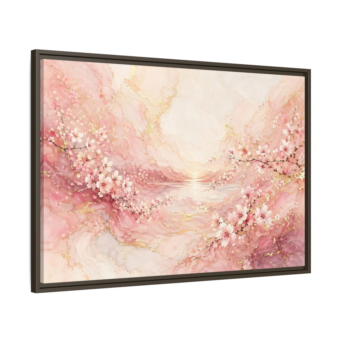 Main Mockup. Floral Cherry Blossoms Pink And Gold shown as stretched canvas wall art