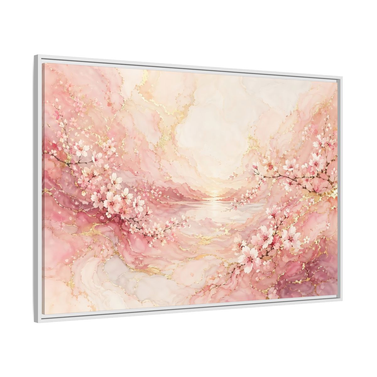 Side Mockup 7. Floral Cherry Blossoms Pink And Gold shown as stretched canvas wall art