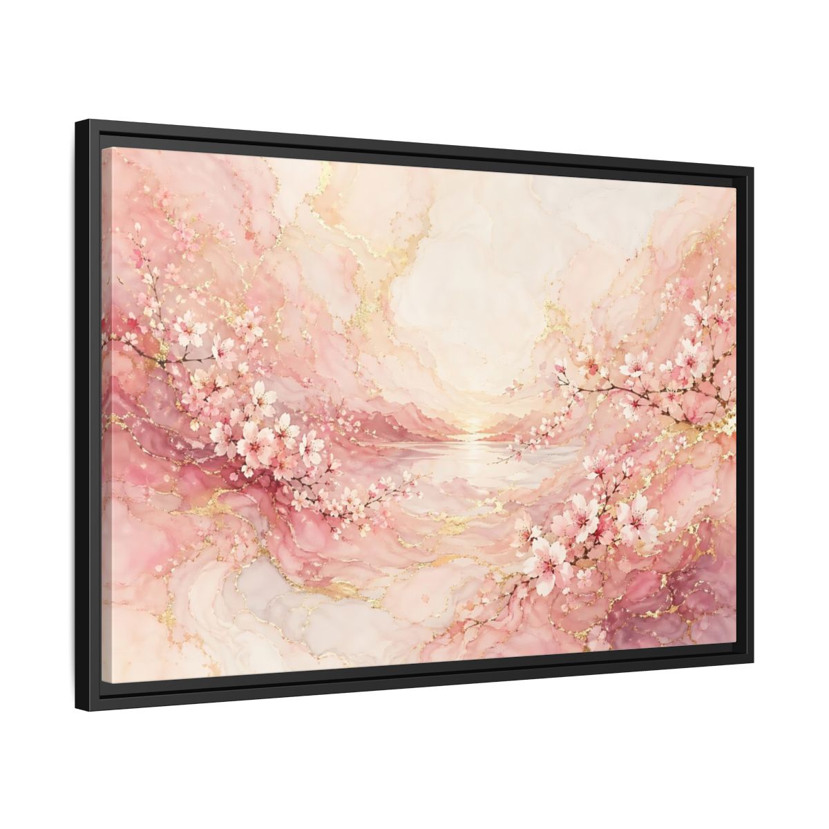Side Mockup 14. Floral Cherry Blossoms Pink And Gold shown as stretched canvas wall art
