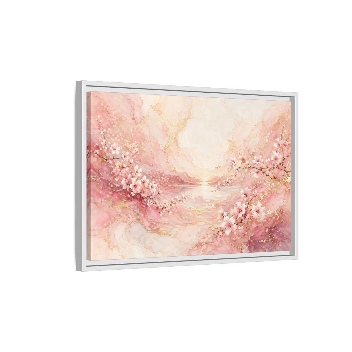 Side Mockup 1. Floral Cherry Blossoms Pink And Gold shown as stretched canvas wall art