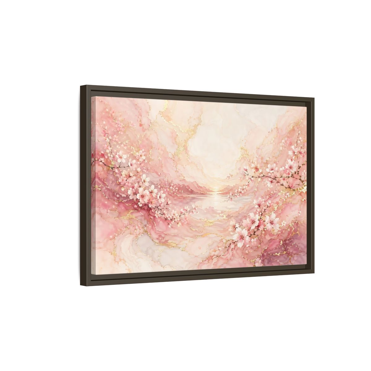 Side Mockup 2. Floral Cherry Blossoms Pink And Gold shown as stretched canvas wall art