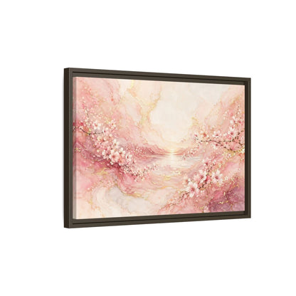 Side Mockup 2. Floral Cherry Blossoms Pink And Gold shown as stretched canvas wall art