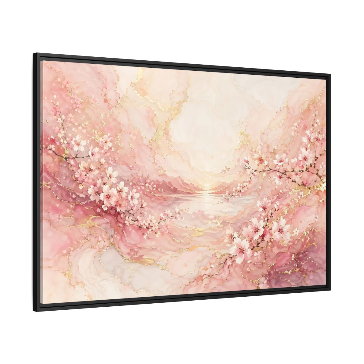 Side Mockup 12. Floral Cherry Blossoms Pink And Gold shown as stretched canvas wall art