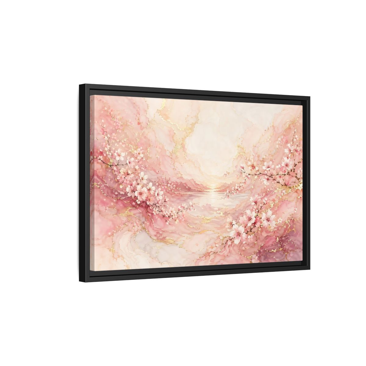 Side Mockup 3. Floral Cherry Blossoms Pink And Gold shown as stretched canvas wall art