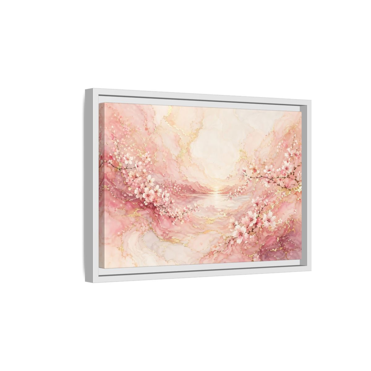 Side Mockup 4. Floral Cherry Blossoms Pink And Gold shown as stretched canvas wall art
