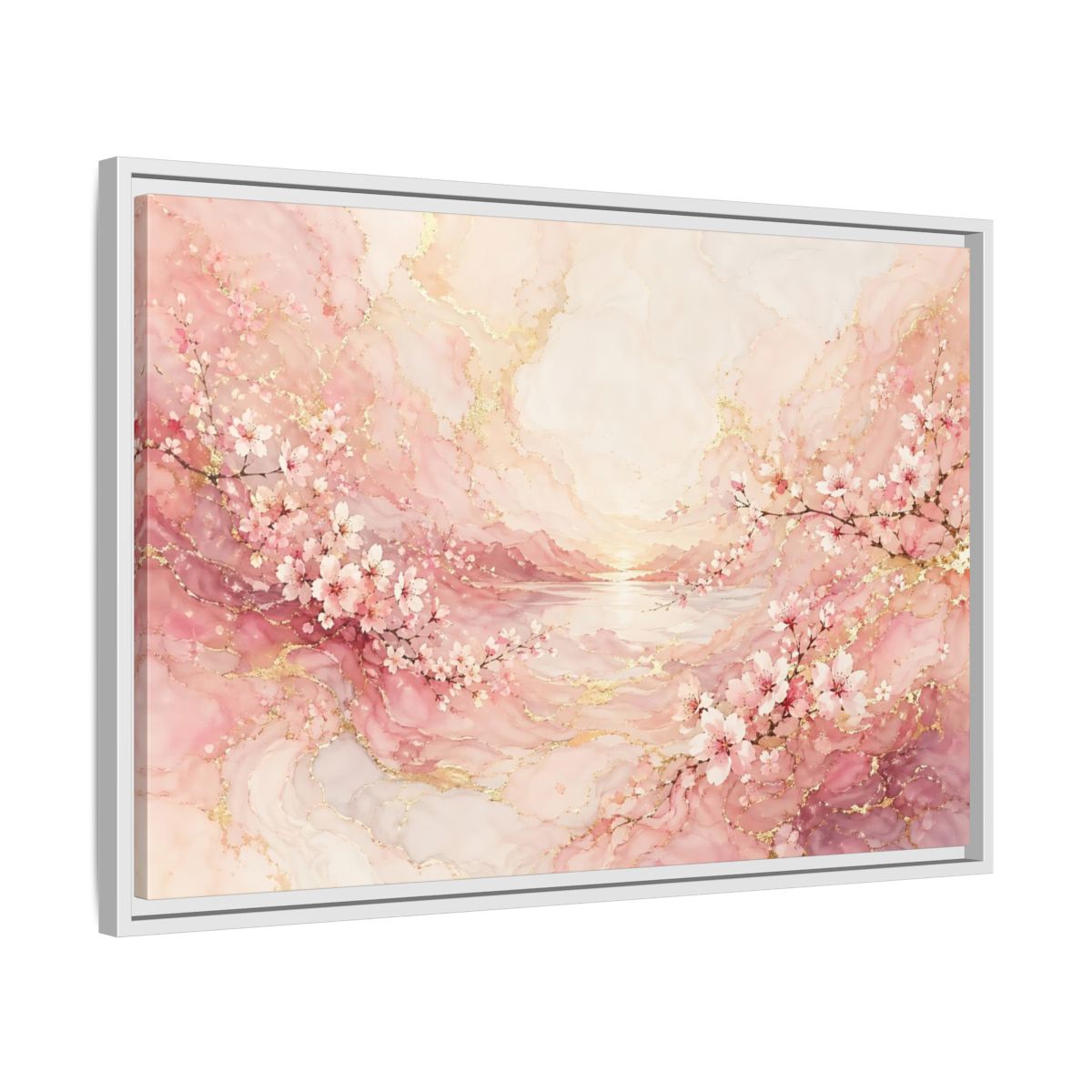Side Mockup 10. Floral Cherry Blossoms Pink And Gold shown as stretched canvas wall art