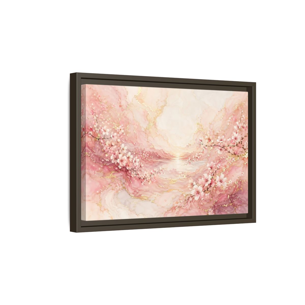 Side Mockup 5. Floral Cherry Blossoms Pink And Gold shown as stretched canvas wall art