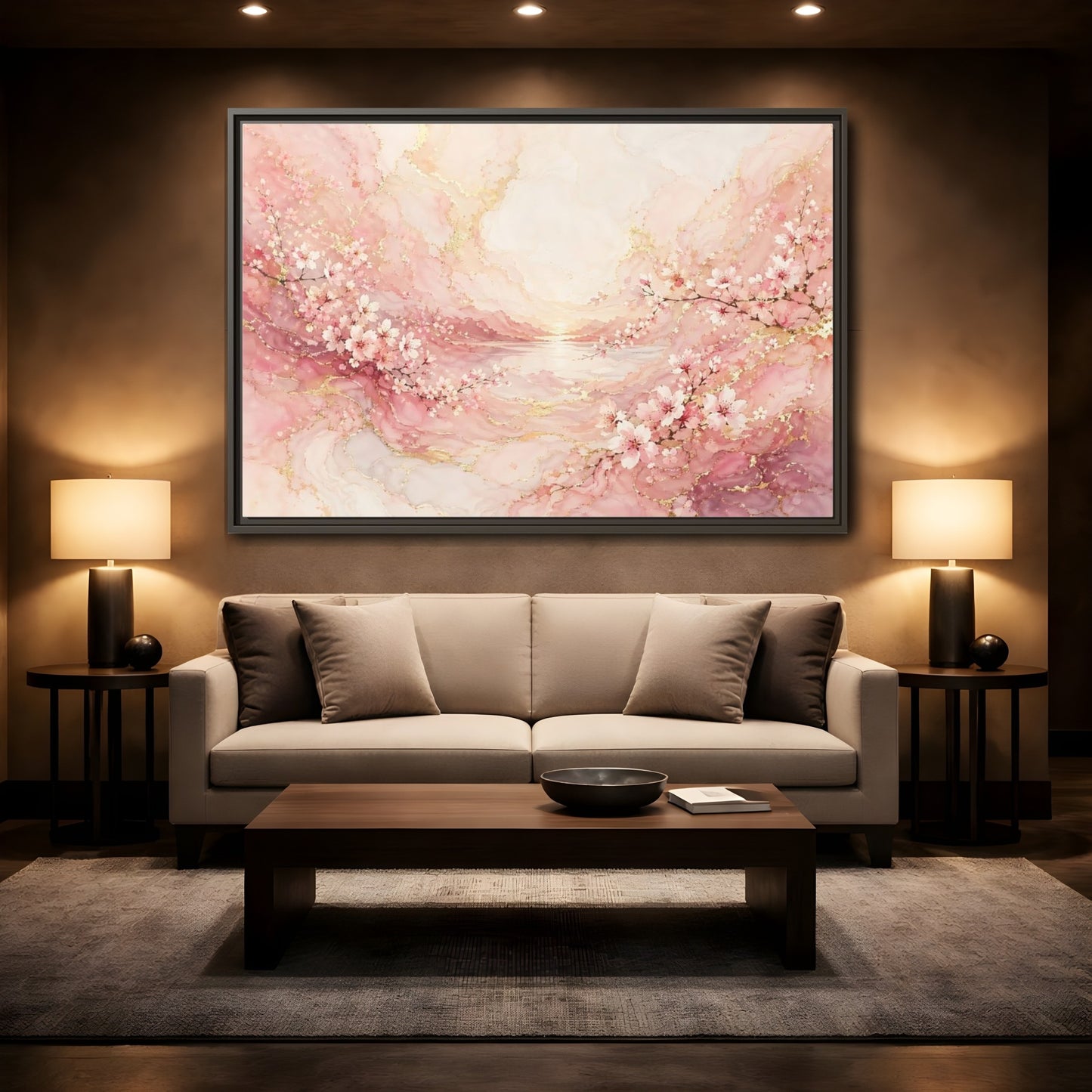 Mockup 2. Floral Cherry Blossoms Pink And Gold shown as stretched canvas wall art