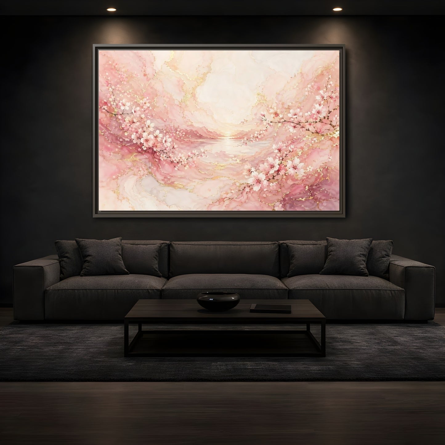 Mockup 3. Floral Cherry Blossoms Pink And Gold shown as stretched canvas wall art