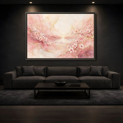 Mockup 3. Floral Cherry Blossoms Pink And Gold shown as stretched canvas wall art