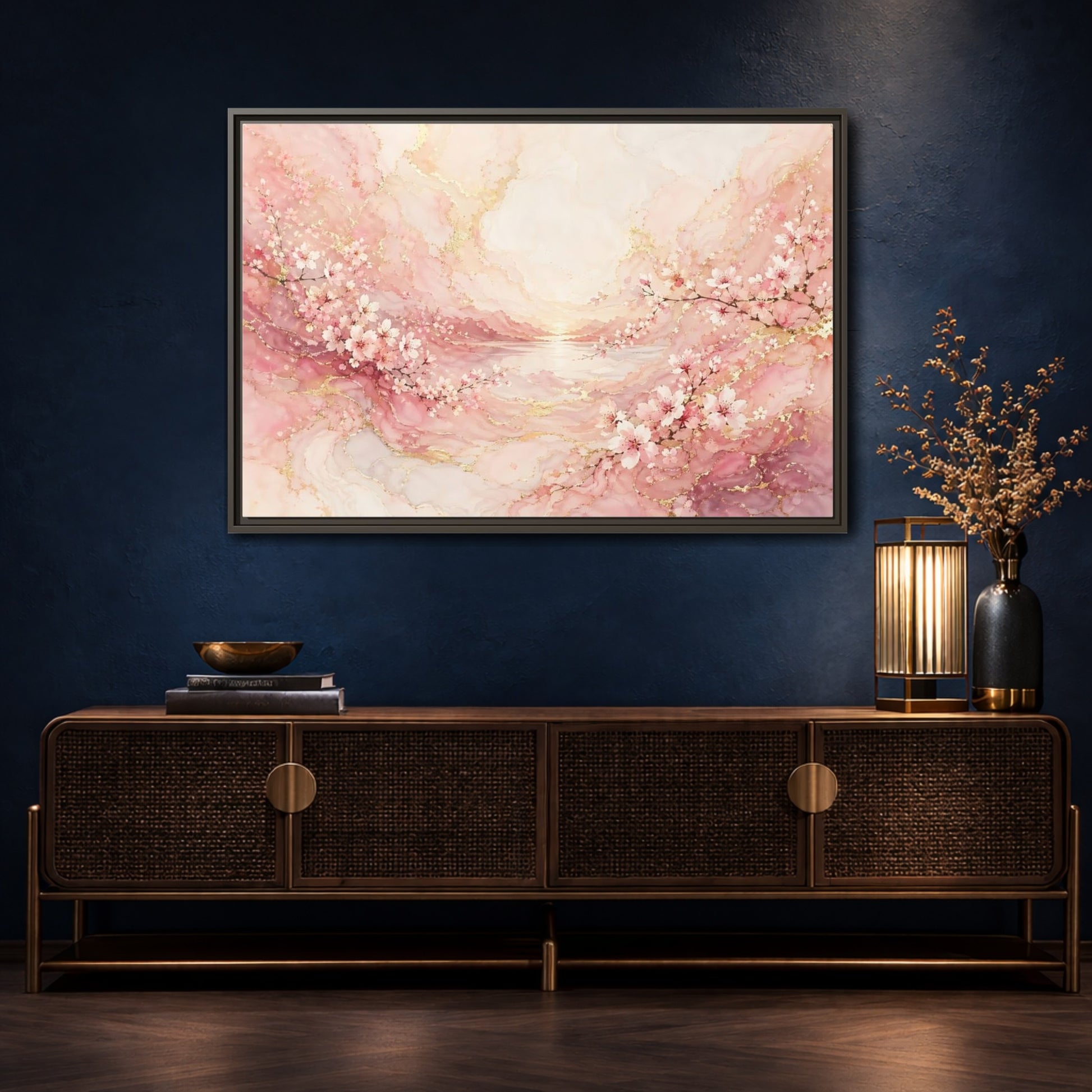 Mockup 4. Floral Cherry Blossoms Pink And Gold shown as stretched canvas wall art