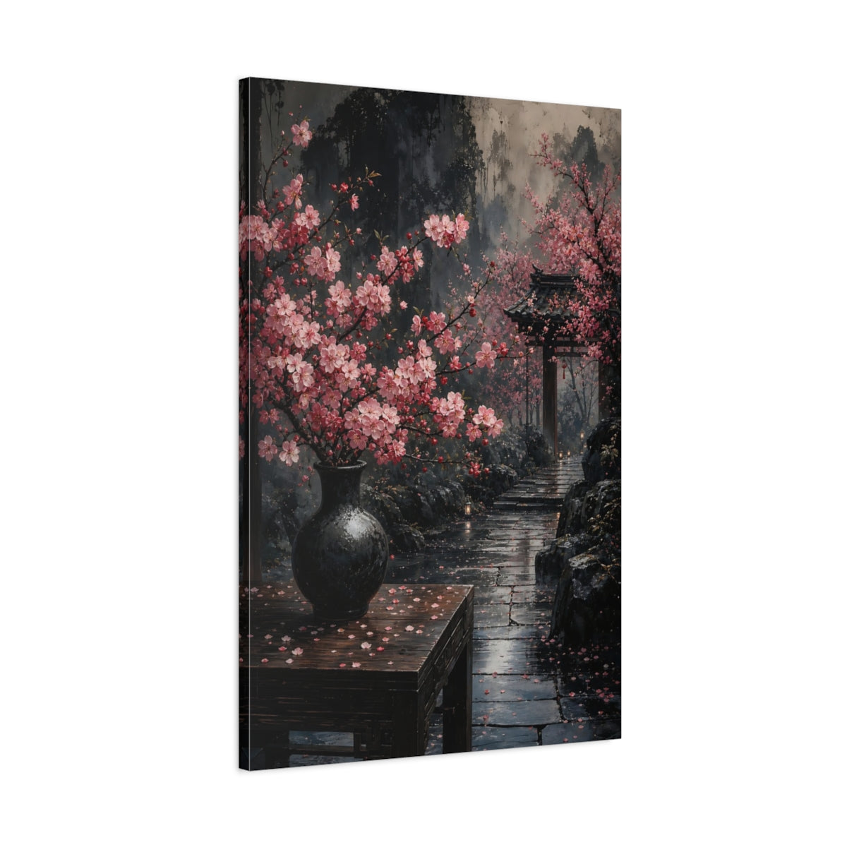 Main Mockup. Floral Cherry Blossoms Pink And Grey shown as stretched canvas wall art