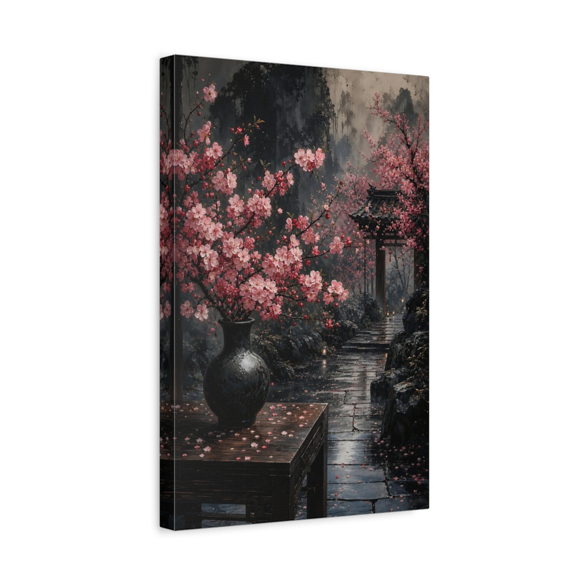 Side Mockup 4. Floral Cherry Blossoms Pink And Grey shown as stretched canvas wall art