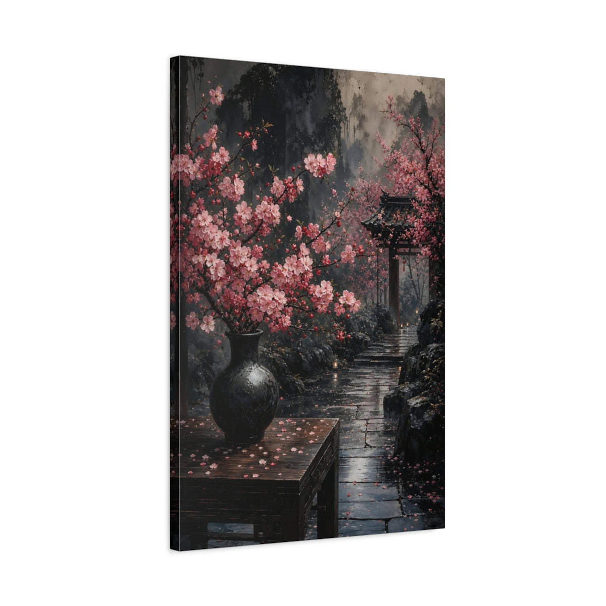 Side Mockup 2. Floral Cherry Blossoms Pink And Grey shown as stretched canvas wall art
