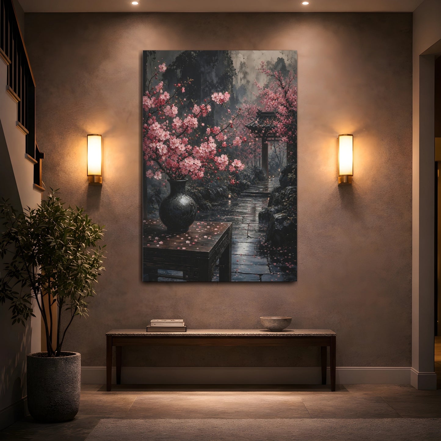Mockup 2. Floral Cherry Blossoms Pink And Grey shown as stretched canvas wall art