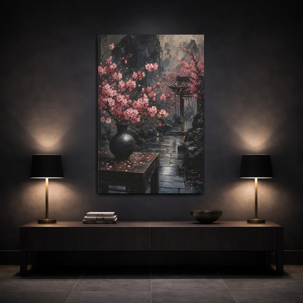 Mockup 3. Floral Cherry Blossoms Pink And Grey shown as stretched canvas wall art