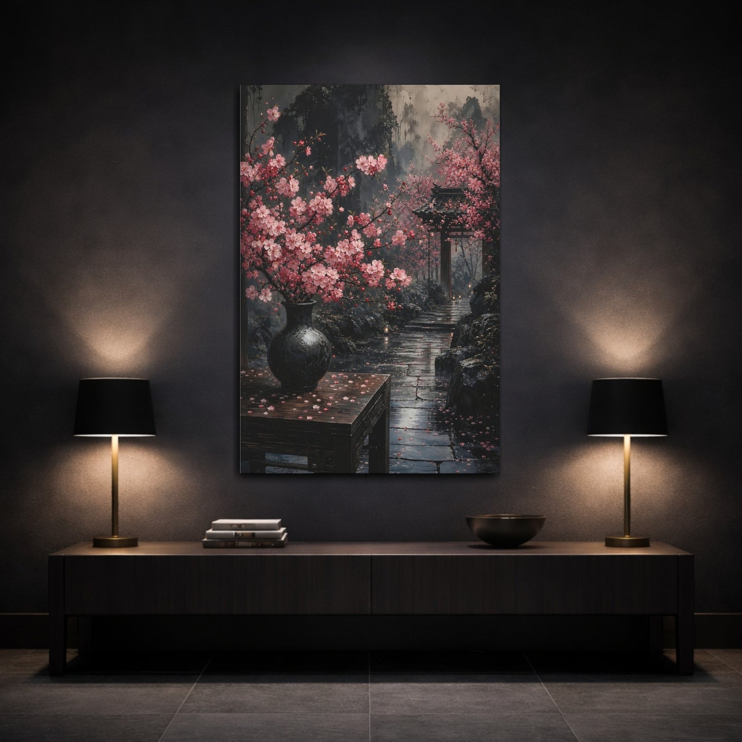 Mockup 3. Floral Cherry Blossoms Pink And Grey shown as stretched canvas wall art