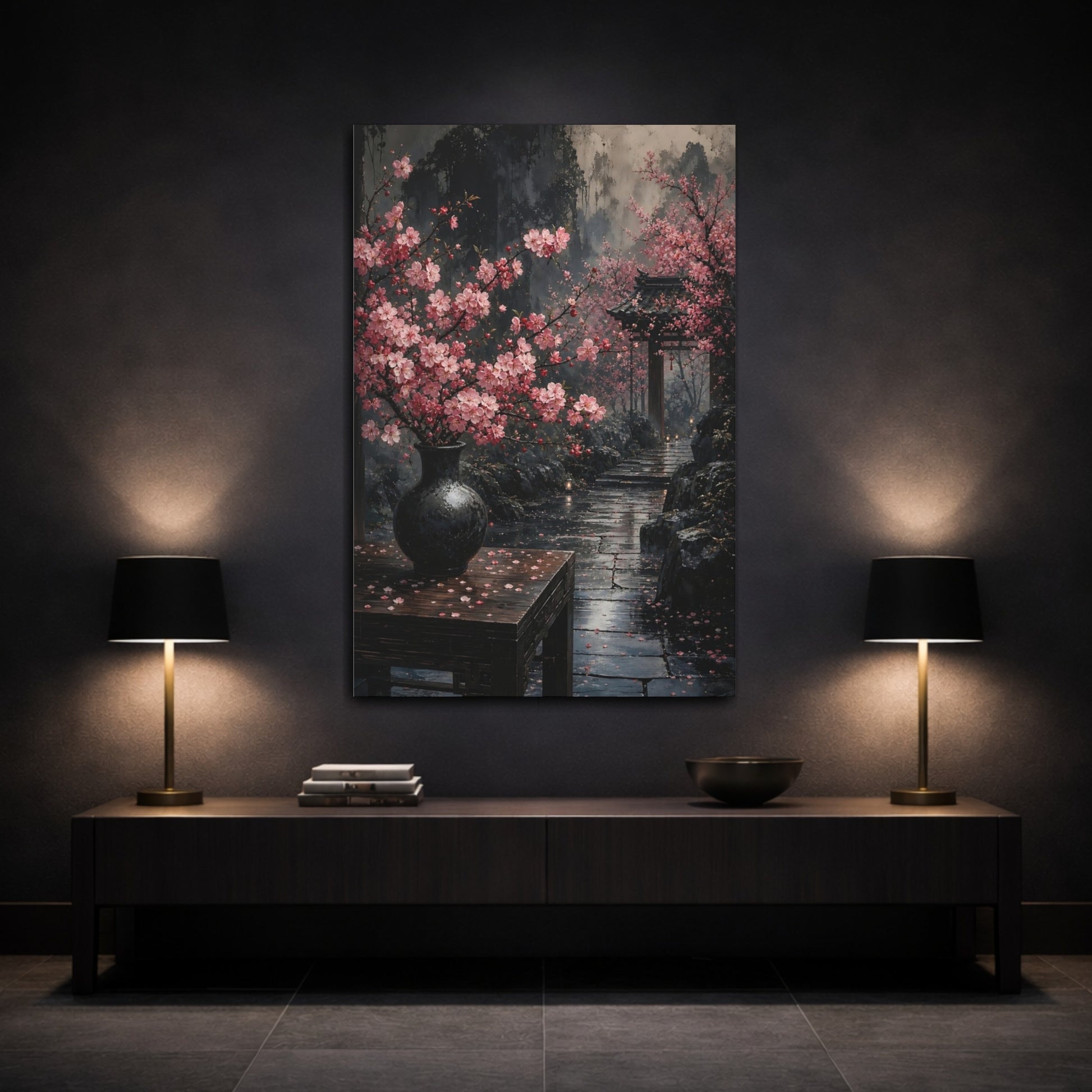 Mockup 3. Floral Cherry Blossoms Pink And Grey shown as stretched canvas wall art