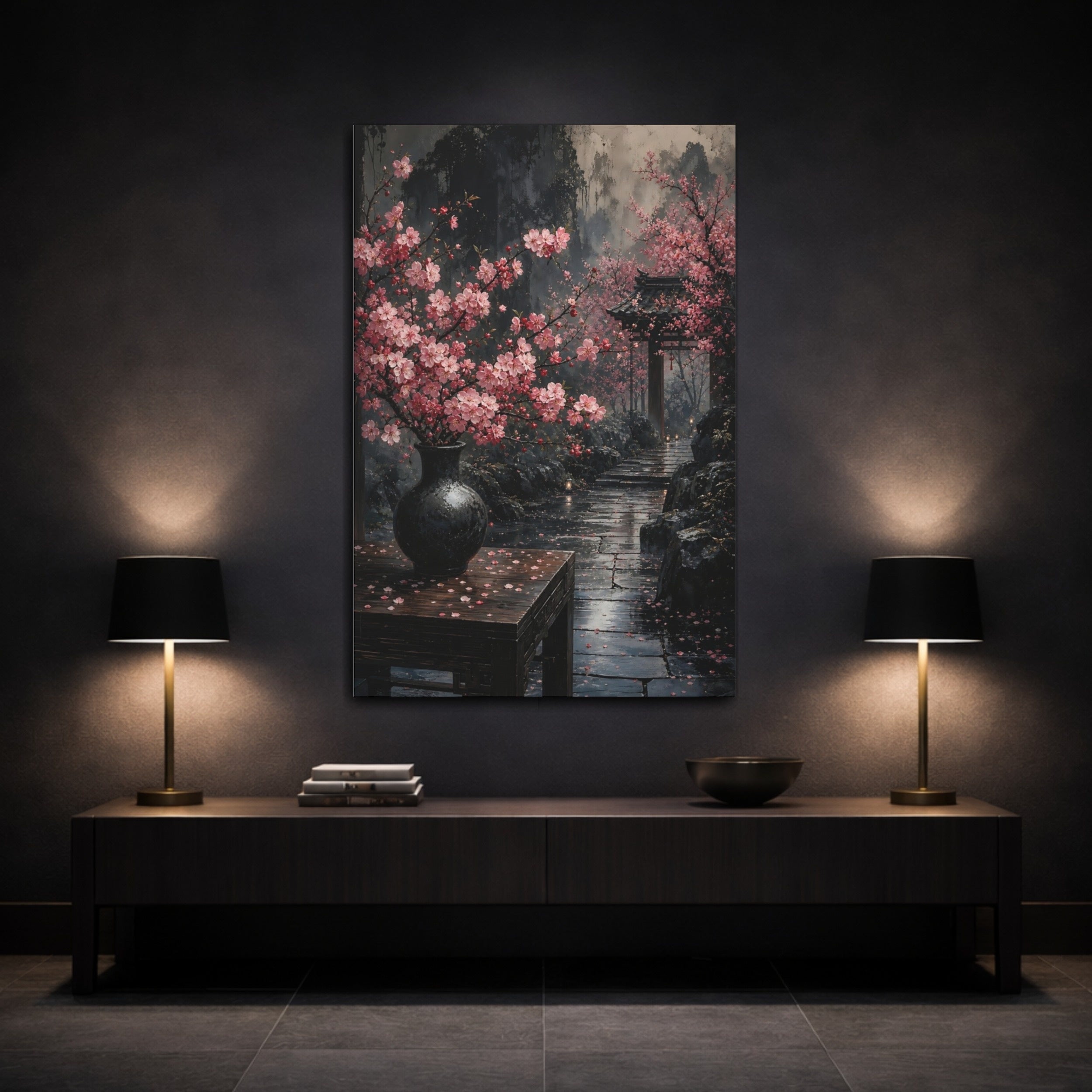 Mockup 3. Floral Cherry Blossoms Pink And Grey shown as stretched canvas wall art