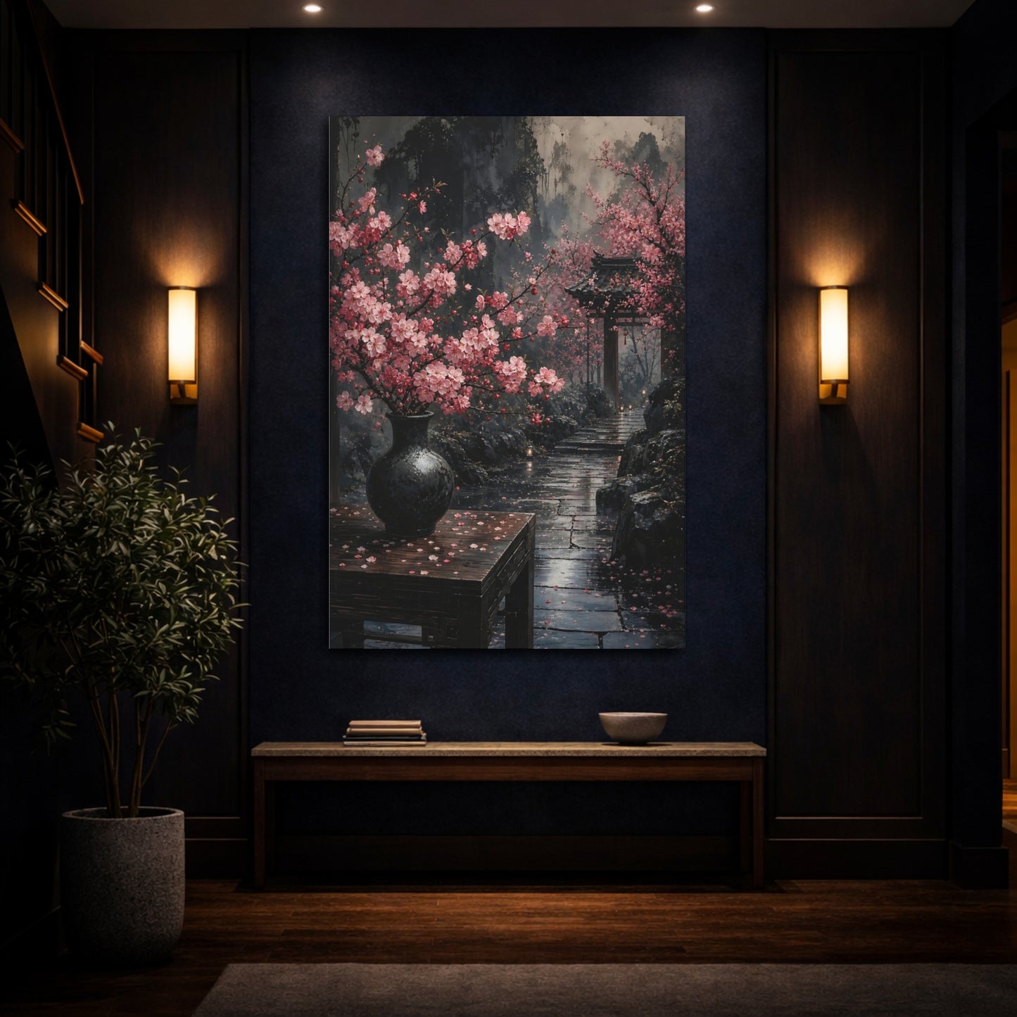Mockup 4. Floral Cherry Blossoms Pink And Grey shown as stretched canvas wall art