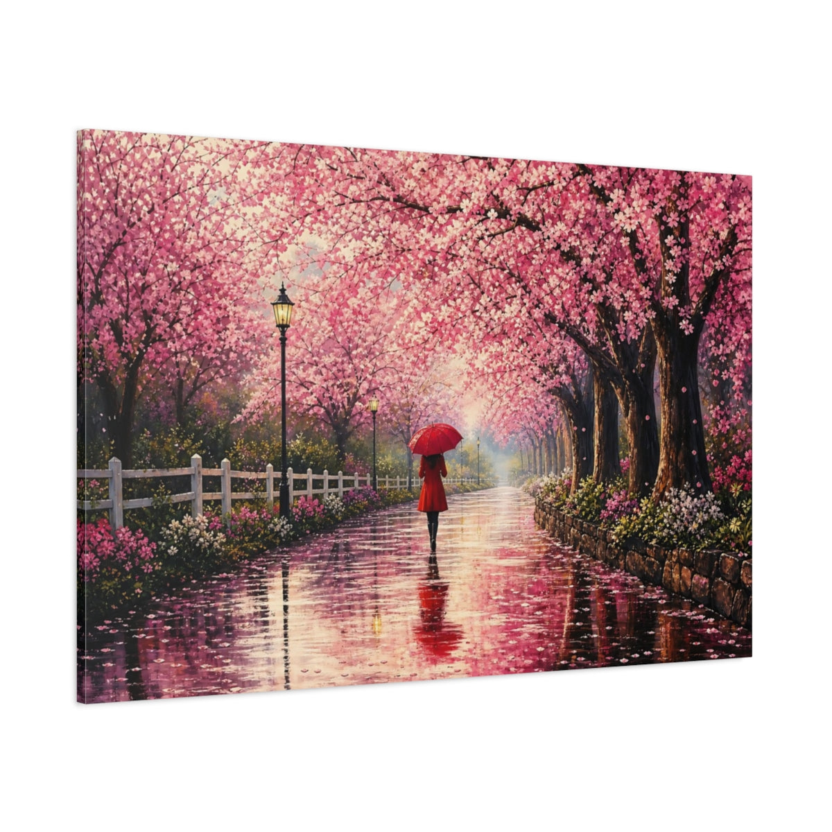 Side Mockup 1. Floral Cherry Blossoms Pink Cherry Blossom shown as stretched canvas wall art
