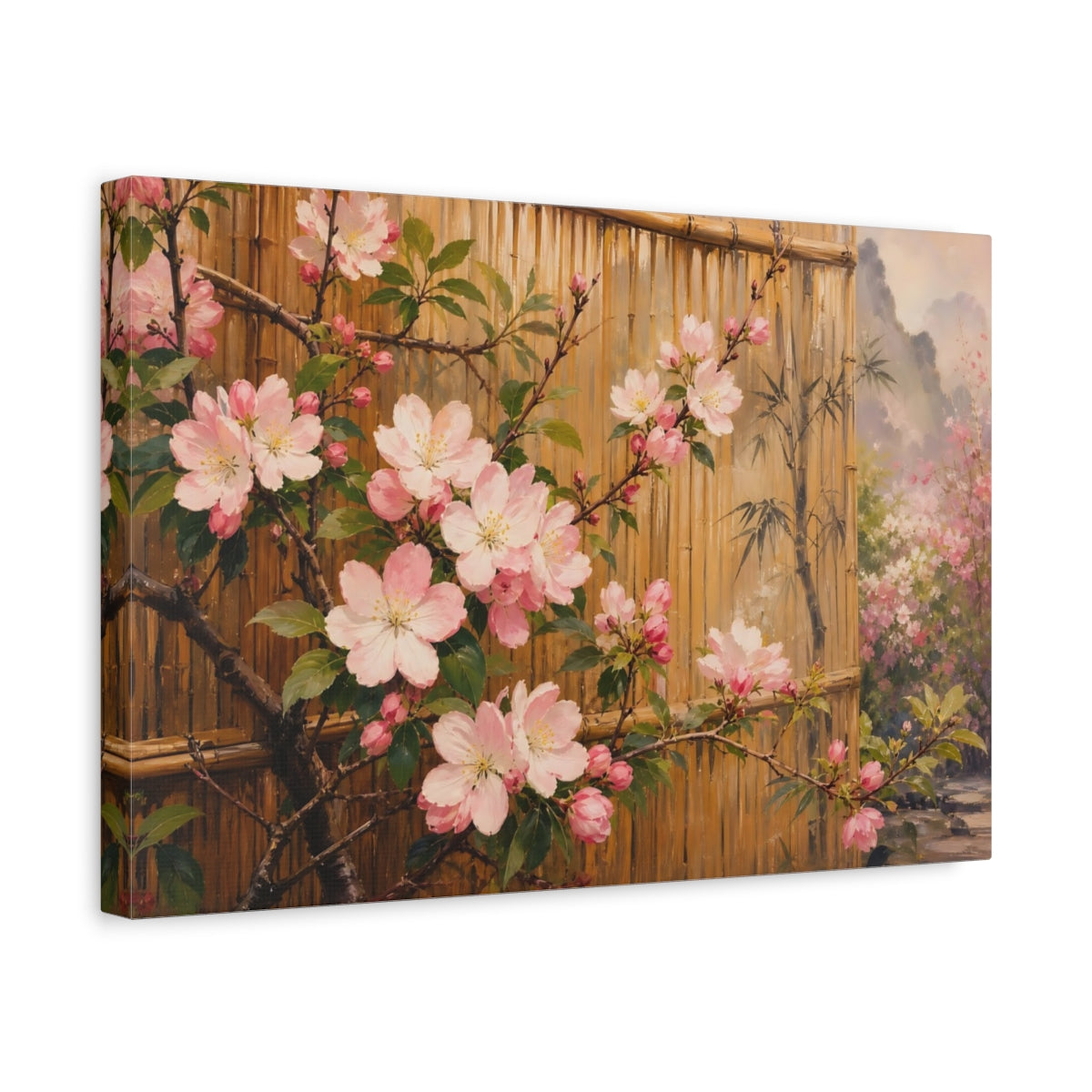 Side Mockup 4. Floral Cherry Blossoms Pink Cherry Blossoms shown as stretched canvas wall art