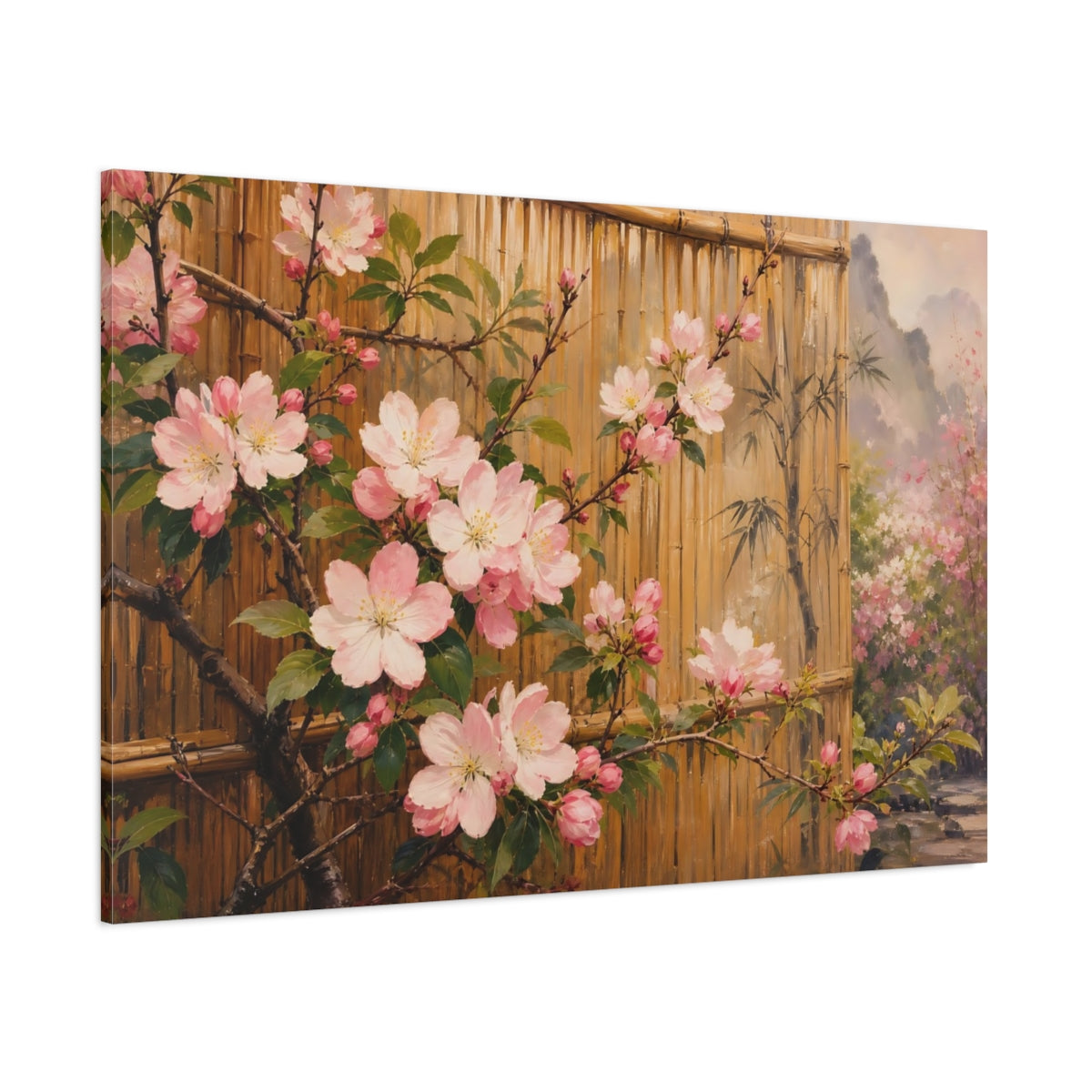 Side Mockup 1. Floral Cherry Blossoms Pink Cherry Blossoms shown as stretched canvas wall art