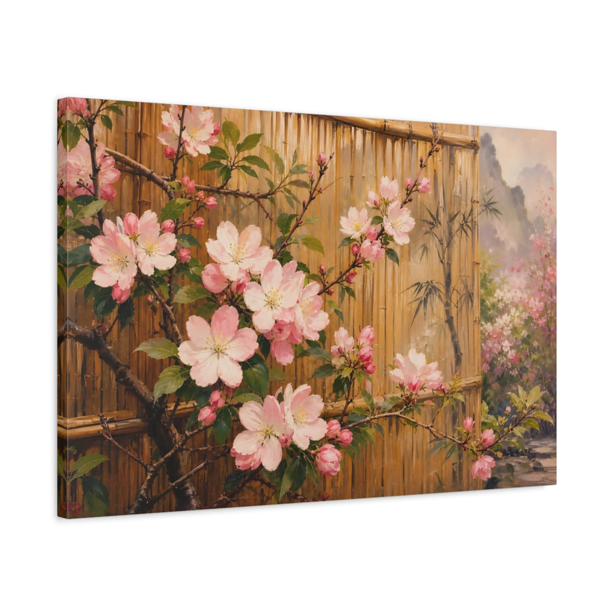 Side Mockup 2. Floral Cherry Blossoms Pink Cherry Blossoms shown as stretched canvas wall art