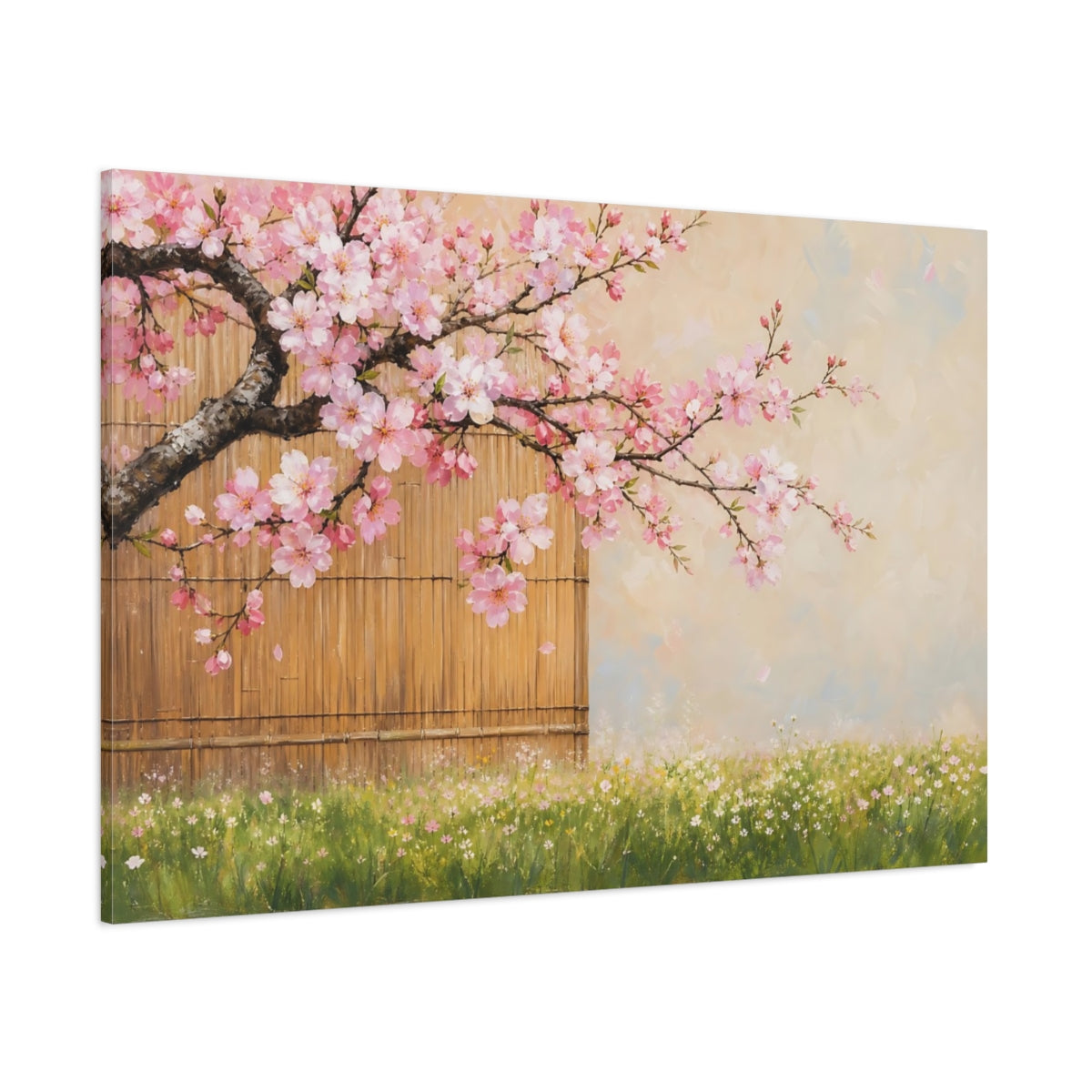 Side Mockup 1. Floral Cherry Blossoms Pink Cherry Blossom shown as stretched canvas wall art