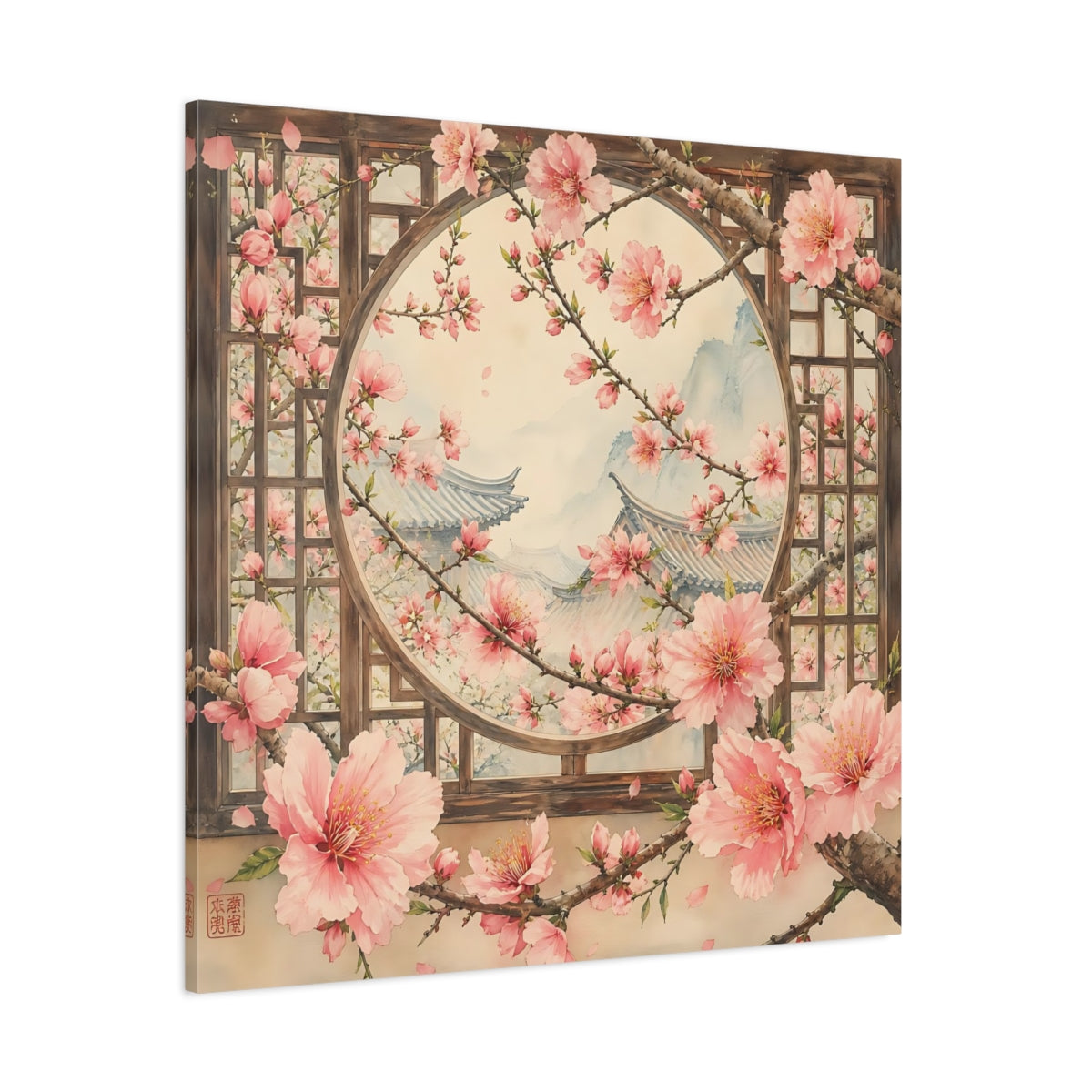 Side Mockup 1. Floral Cherry Blossoms Pink Cherry Blossoms shown as stretched canvas wall art