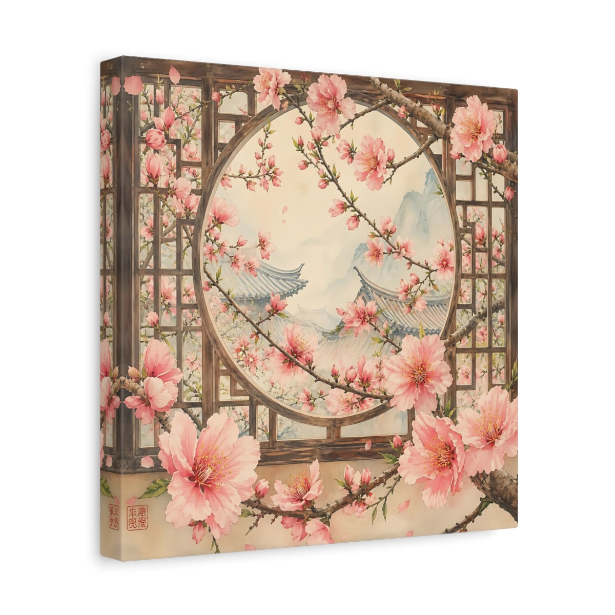 Side Mockup 8. Floral Cherry Blossoms Pink Cherry Blossoms shown as stretched canvas wall art