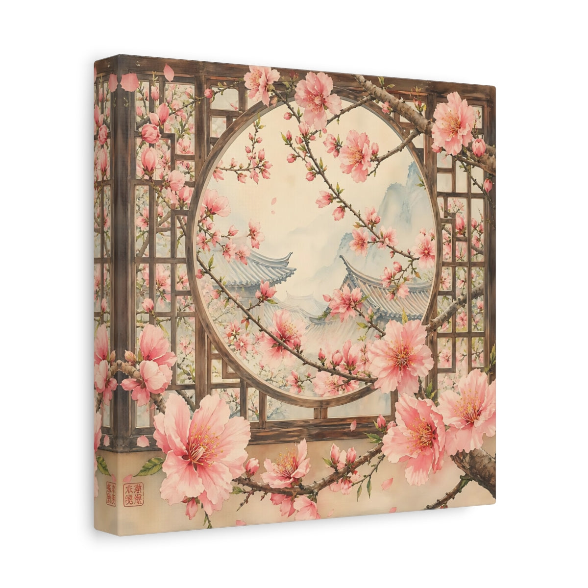 Side Mockup 9. Floral Cherry Blossoms Pink Cherry Blossoms shown as stretched canvas wall art