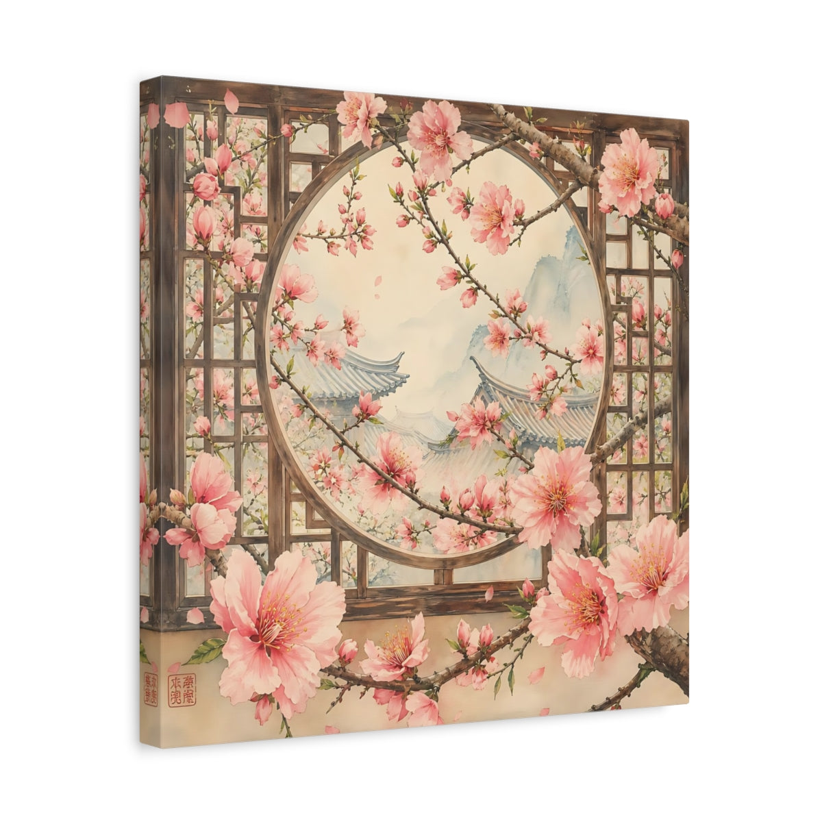 Side Mockup 6. Floral Cherry Blossoms Pink Cherry Blossoms shown as stretched canvas wall art