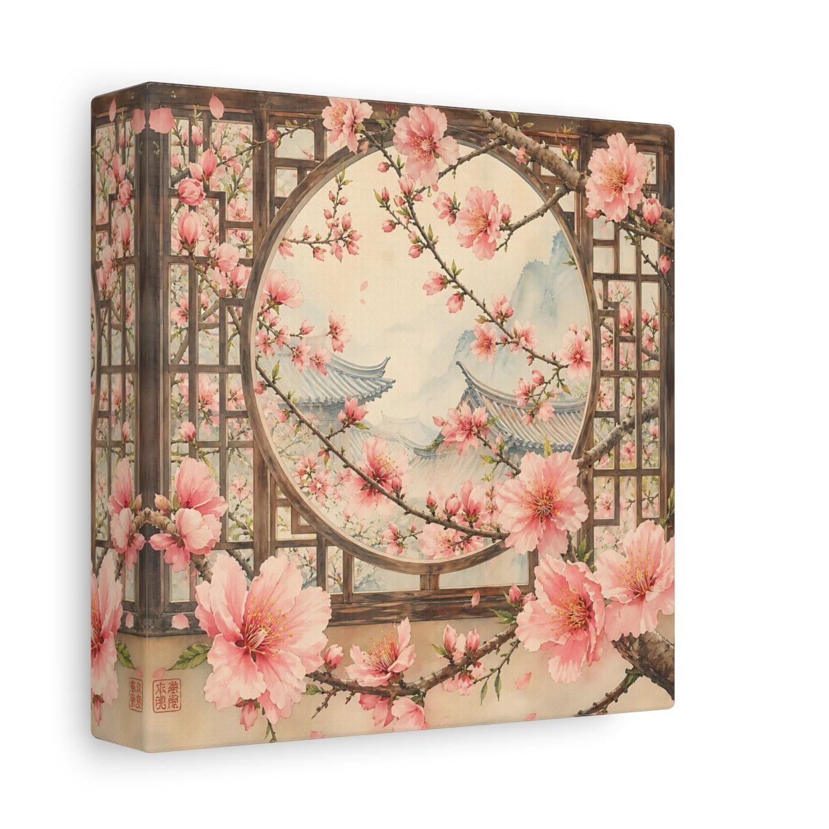 Side Mockup 2. Floral Cherry Blossoms Pink Cherry Blossoms shown as stretched canvas wall art