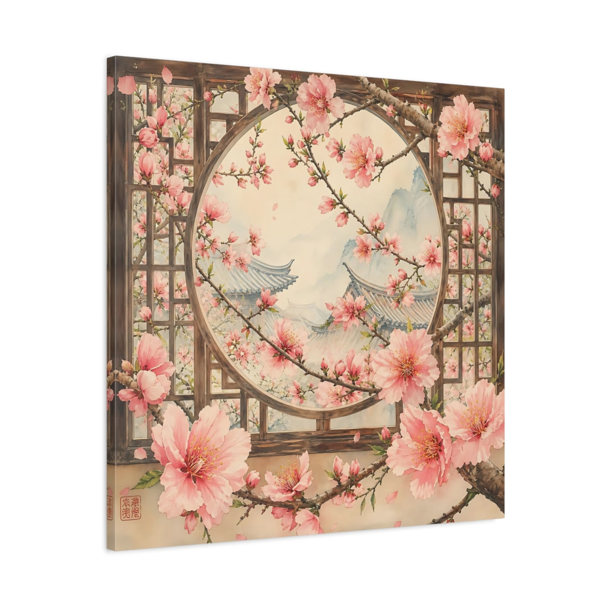 Side Mockup 3. Floral Cherry Blossoms Pink Cherry Blossoms shown as stretched canvas wall art