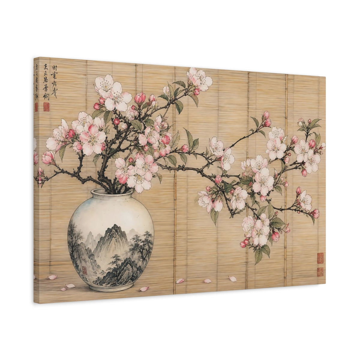 Side Mockup 2. Floral Cherry Blossoms Pink Cherry Blossoms shown as stretched canvas wall art