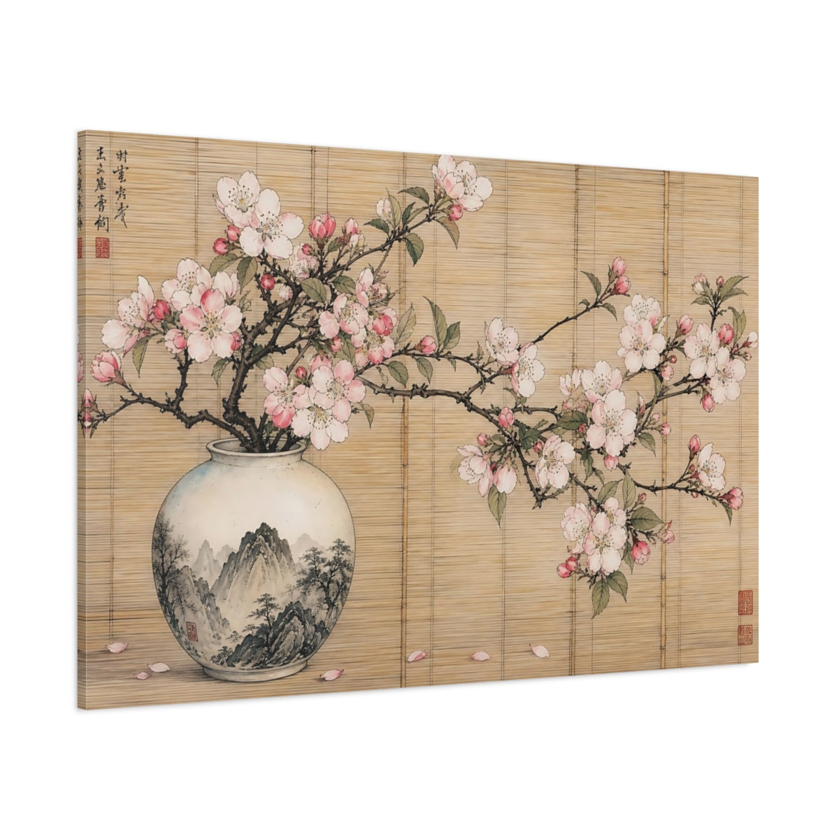 Side Mockup 1. Floral Cherry Blossoms Pink Cherry Blossoms shown as stretched canvas wall art