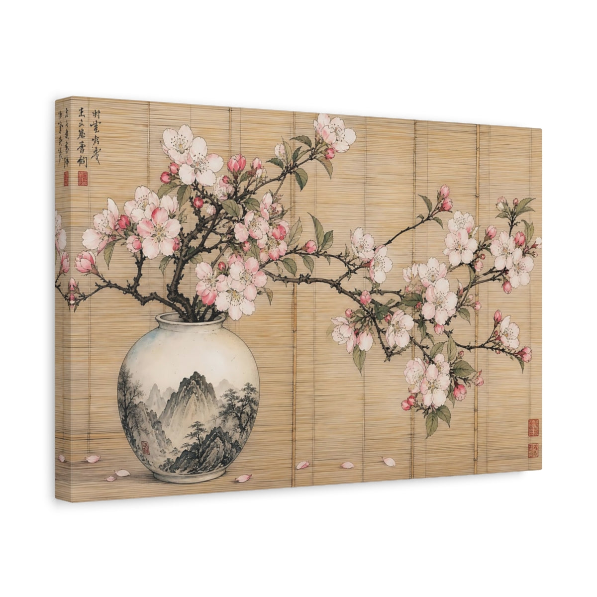 Side Mockup 4. Floral Cherry Blossoms Pink Cherry Blossoms shown as stretched canvas wall art