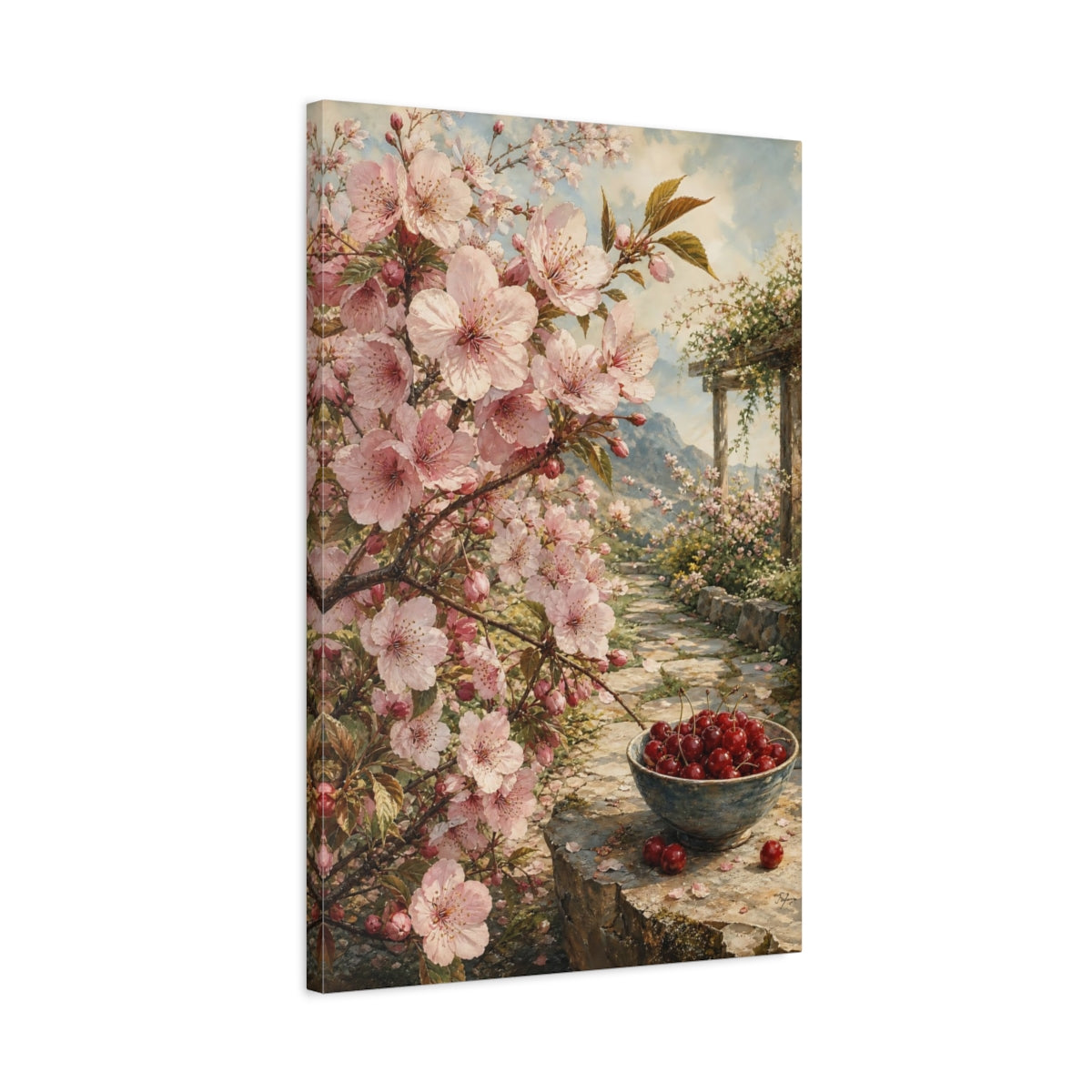 Side Mockup 2. Floral Cherry Blossoms Pink Cherry Blossom shown as stretched canvas wall art