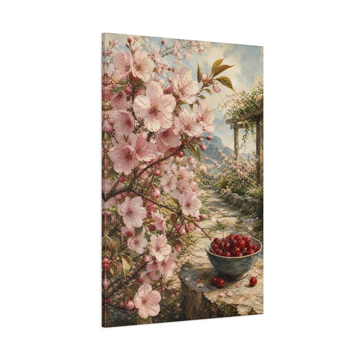 Side Mockup 1. Floral Cherry Blossoms Pink Cherry Blossom shown as stretched canvas wall art